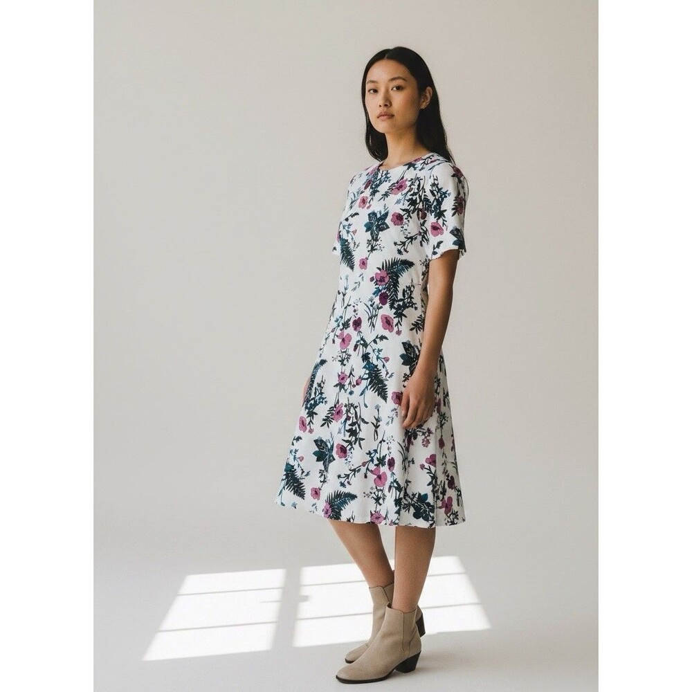 Oevure Floral Midi Dress XL White Multicolor A-Line T-Shirt Dress Modest Boho